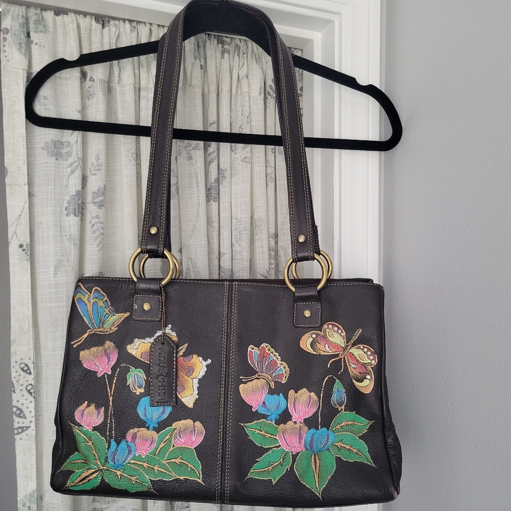 Anuschka Floral Butterfly Shoulder Bag - Black with Multicolor Accents